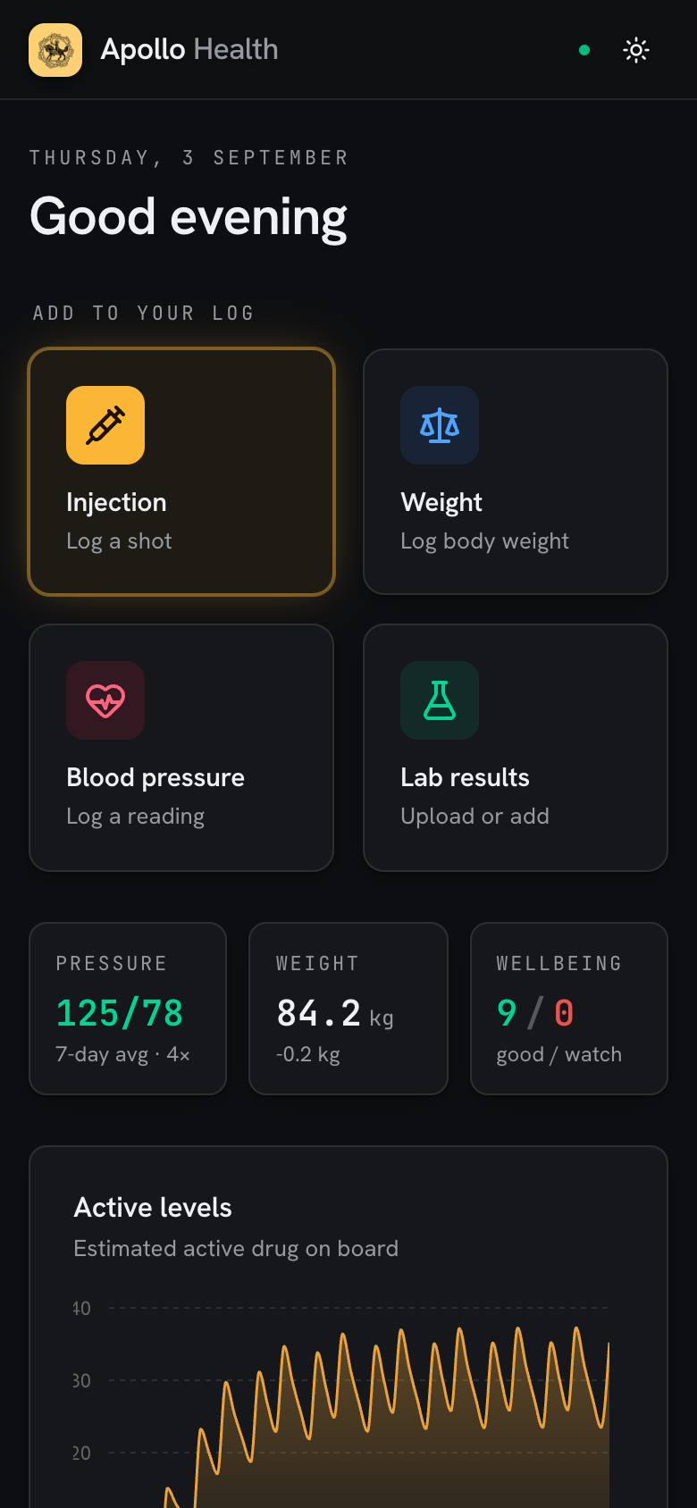 Magno home screen with the log launcher and 7-day stats